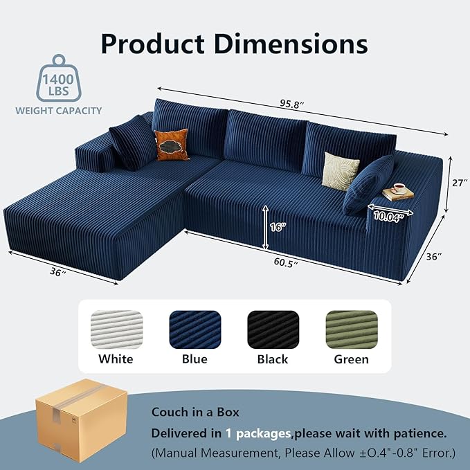 96" Cloud Sectional Couch with L-Shape Chaise, Modern Corduroy Boneless Couch for Living Room,Memory Foam Sofa with Deep Seat,No Assembly Required (Blue,Left-Facing Chaise)