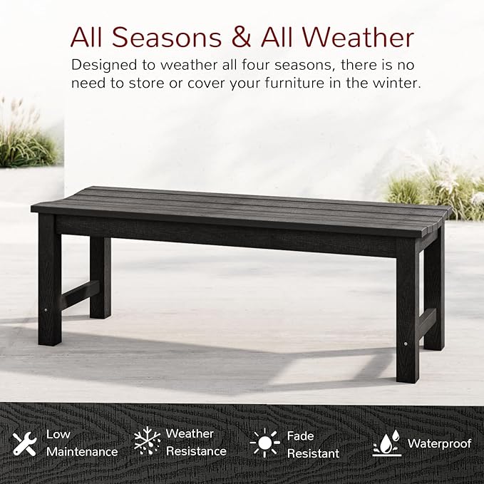 Stoog Outdoor Bench, 2-Person Patio Backless Bench, All-Weather HIPS Garden Bench, Never Rot or Fade, for Backyard, Porch, Patio, Deck, and Entryway, Black