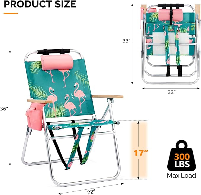 VINGLI Aluminum 17" Backpack Beach Chair – Tall Beach Chairs for Adults, Portable with Adjustable Straps, 3-Position Reclining, Cup Holder, High Lightweight Beach Chairs for Beach