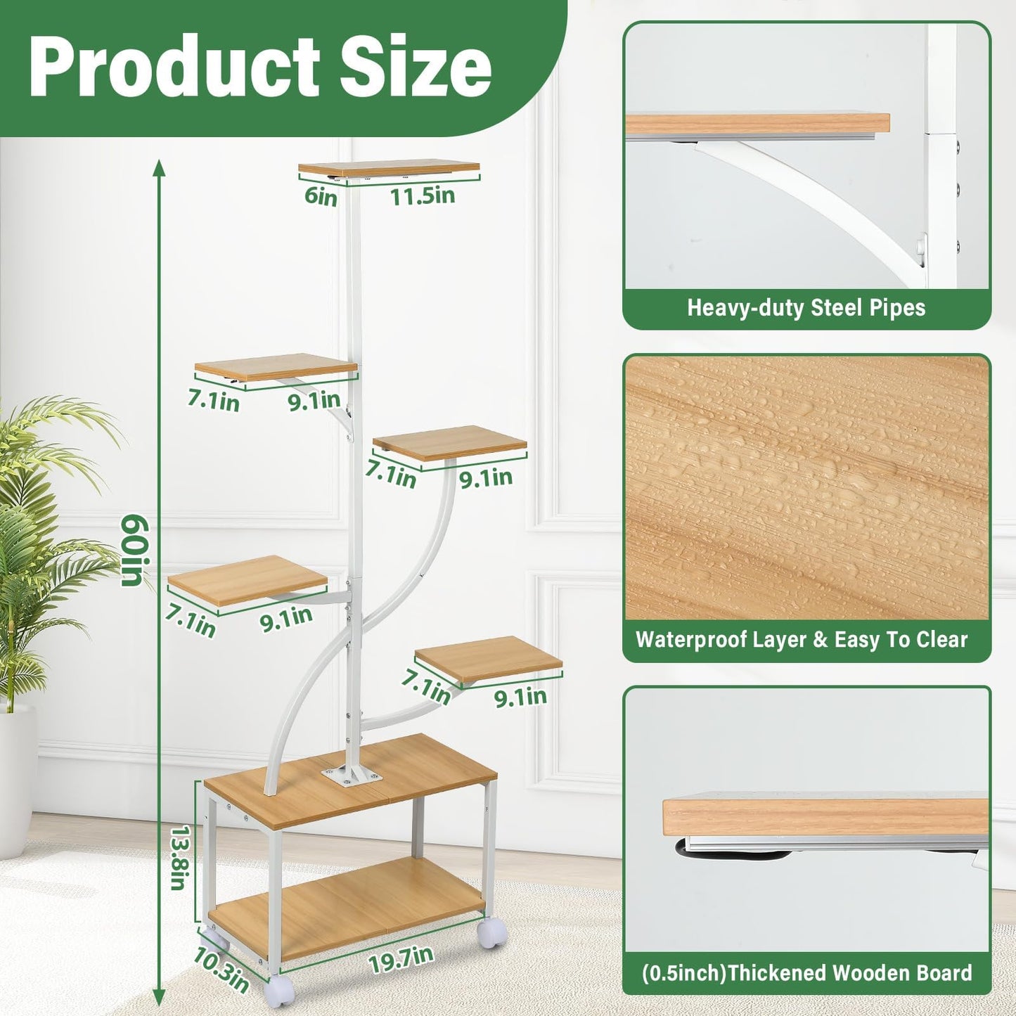 Bornerwhite Plant Stand Indoor with Grow Light, 7 Tiered Plant Shelf with Wheels, 61" Tall Metal Built-in Light Stand for Indoor Plants Display Rack for Living Room Corner Patio Balcony Garden (White)