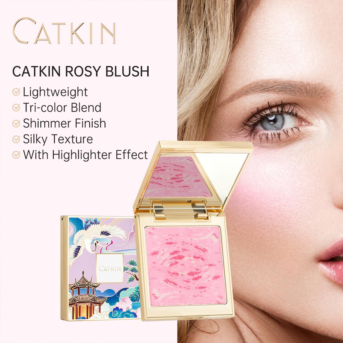 CATKIN Powder Blush for Cheek Blusher Natural Shimmering Blush & Highlight 2 in 1 Creamy Blendable Baked Blush Palette 10g C01 D