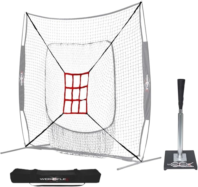 Web Flex® Spider Series 7’x7’ Sock Net, Adjustable Batting Tee & Strike Zone Trainer Bundle, Portable Baseball & Softball Training Set for Hitting, Pitching, & Fielding | Durable, Easy Setup