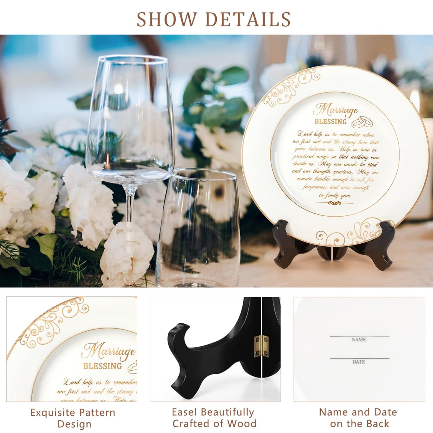 Urllinz Anniversary Wedding Gifts for Couples 2025 - Marriage Blessing Plate with 24k Gold Foil Decorations, Engagement Bridal Shower Birthday Gifts for Wife Husband, Ceramic 9"