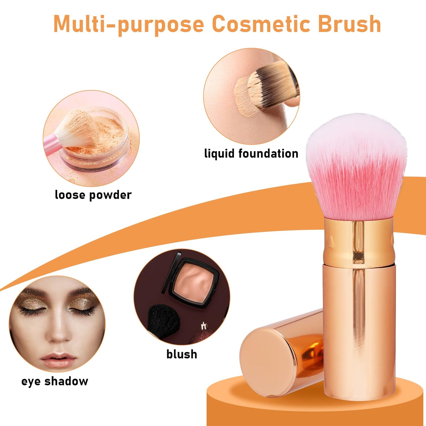 Retractable Blusher Brush with Cover, 2 Pack Travel Kabuki Bronzer Makeup Brush Liquid Cream Foundation Powder Brush Extensible Face Blender Brush Professional Concealer Brush for Women (Gold & Black)