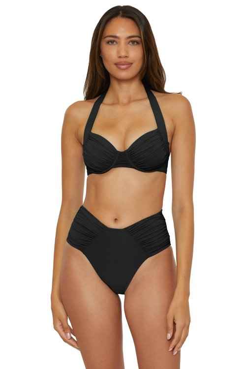 BECCA Women's Standard Color Code Shirred Underwire Bikini Top, Adjustable, Tie Back, Swimwear Separates, Black