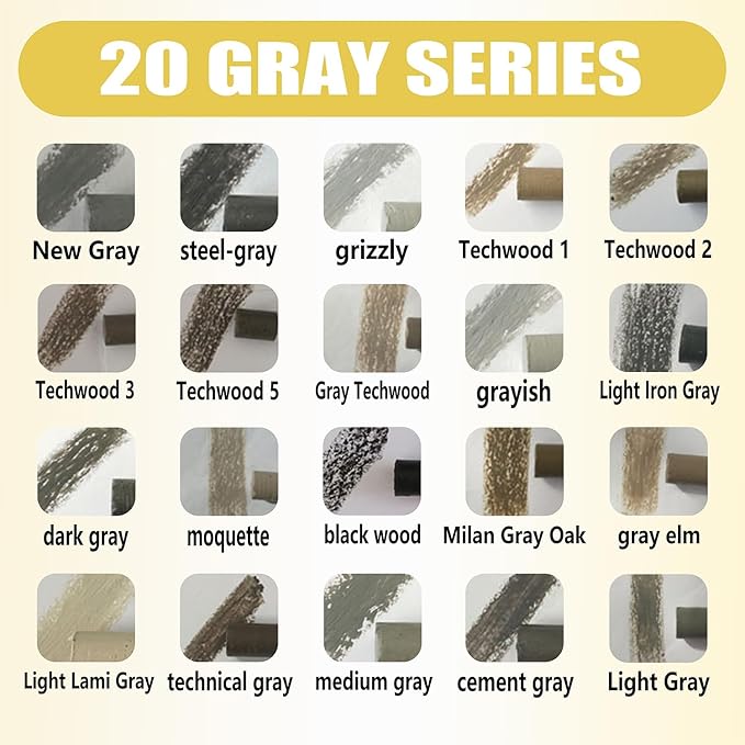 Wood Filler Sticks, 20 Colors Wood Repair Wax Crayons Furniture Markers Touch Up Kit for Repairing Scratches, Dents, Cracks, Holes in Wooden Floors and Furniture, Gray Series