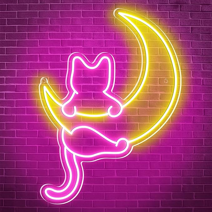 Anime Cat & Moon Neon Sign, Personalized Neon Signs for Wall Decor, LED Night Lights Home Decor Lights Backdrop LED Light ...