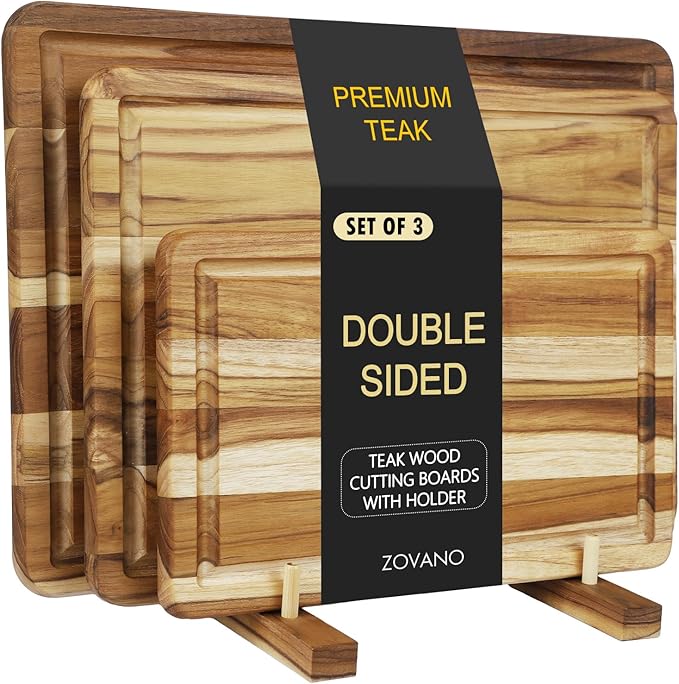 Zovano 3-PieceTeak Wood Cutting Board Set with Stand for Kitchen, Chopping Boards with Deep Juice Groove, Charcuteire Butc...