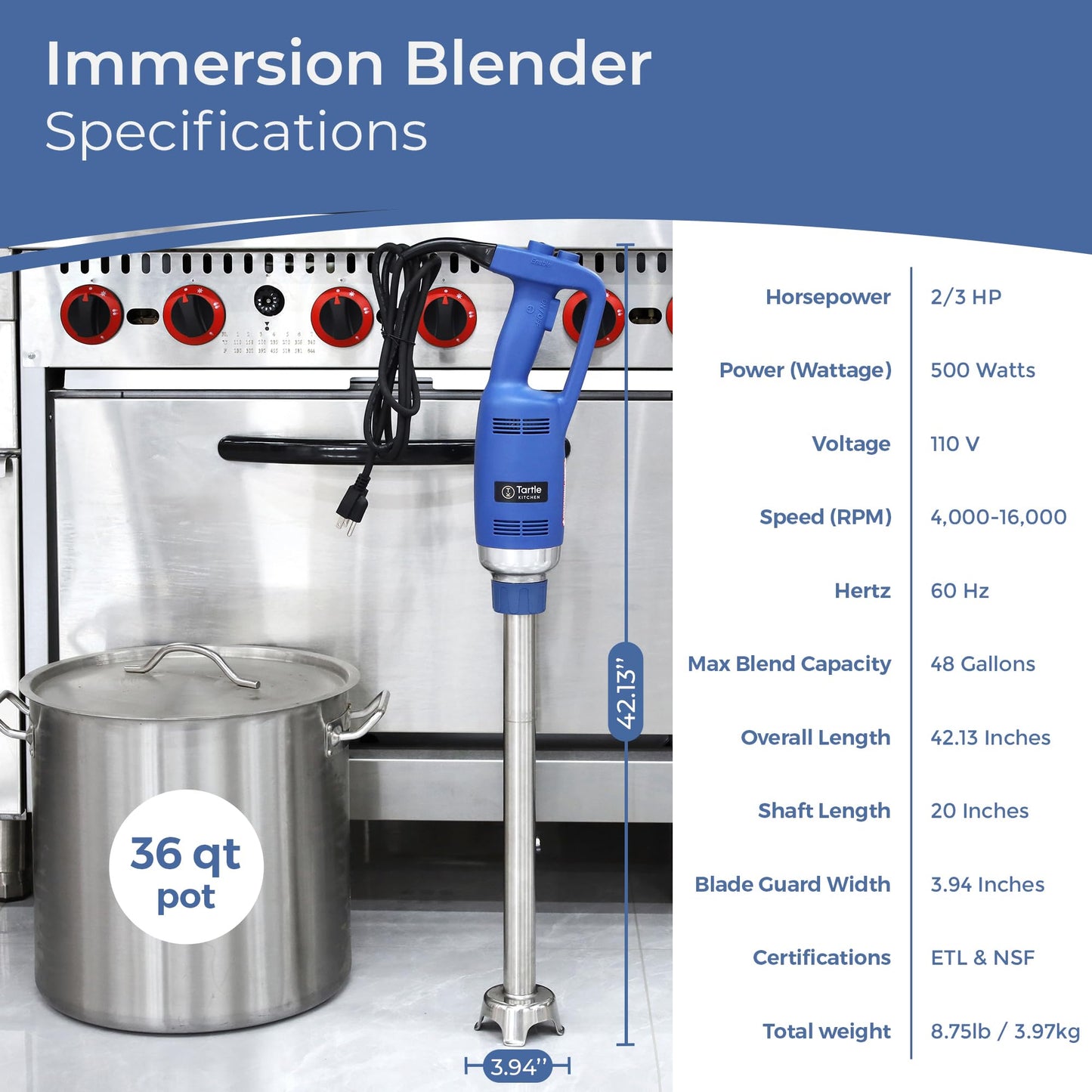 TK Tartle Kitchen Commercial Immersion Blender, Variable Speed, Heavy Duty 500W, 4000-16000 RPM, 20inch Shaft
