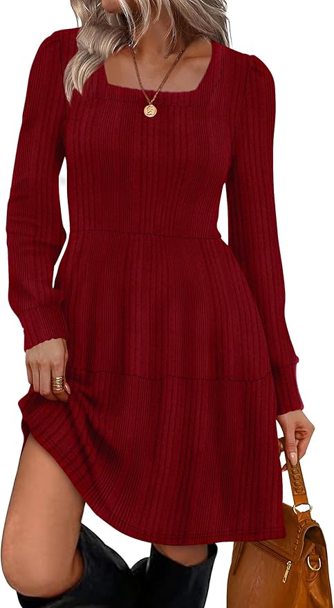 Sampeel Womens Square Neck Long Sleeve Fall Dresses Casual Babydoll Sweater Dress