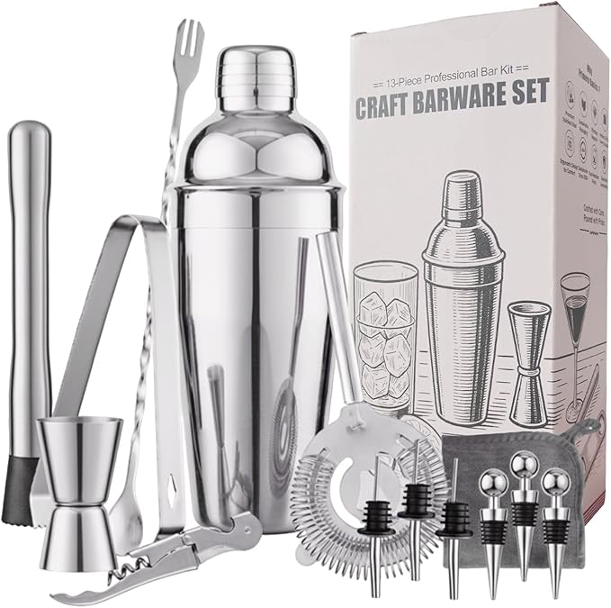 Primero Basics 13-Piece Bartender Kit Bar Tool Set – Boston Cocktail Shaker Set with Muddler,Strainer,Jigger,Spoon–Home Ba...