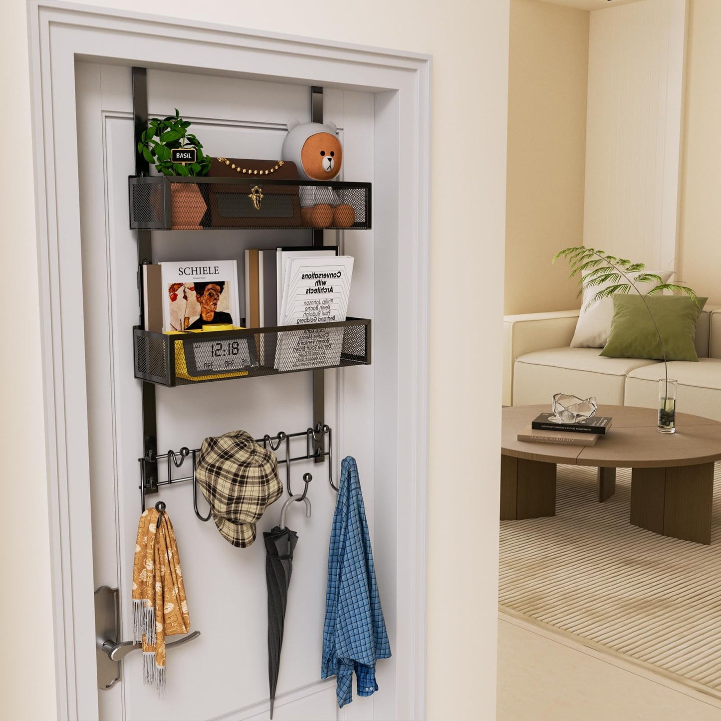 HapiRm Over The Door Hanger with Coat Hooks and 2 Baskets, Rustproof & Waterproof Over The Door Hooks, Storage Organizer for Hats, Bathroom, Kitchen, Bedroom-Black (for 1.76in Doors)