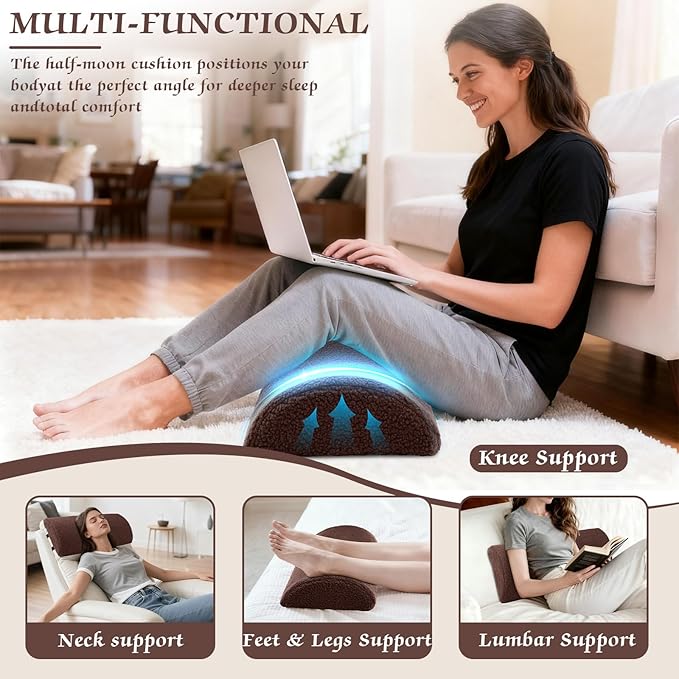 Queekay Health Large Half Moon Bolster Pillow for Legs, Knees, Lower Back and Head, Lumbar Support Pillow for Bed Sleeping Semi Roll for Ankle and Foot Comfort Washable Cover(Brown)