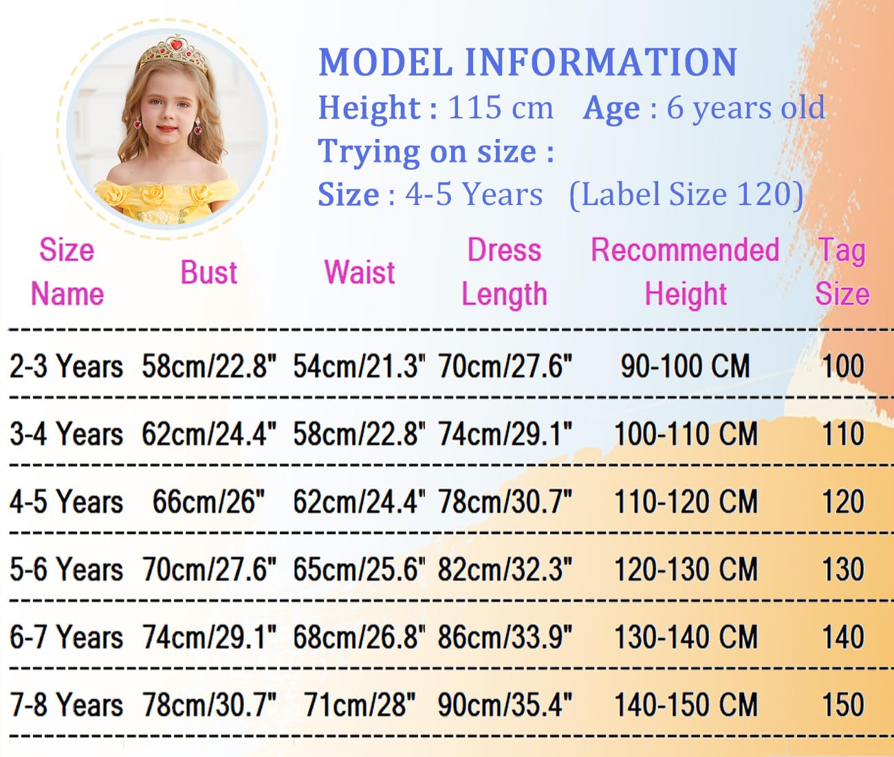 iTVTi Princess Belle Dress up Costume for Girls Yellow Dresses Halloween Cosplay Birthday Outfit with Accessories, Yellow, 5-6 Years(Tag 130)