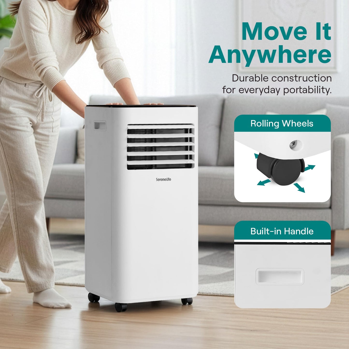 SereneLife Compact Portable AC Unit 8000 BTU | Standing Portable AC with 3-in-1 Cooling, Dehumidifier & Fan | Energy Efficient Air Conditioner with Upto 350 Sq Ft Coverage | Includes Remote Control