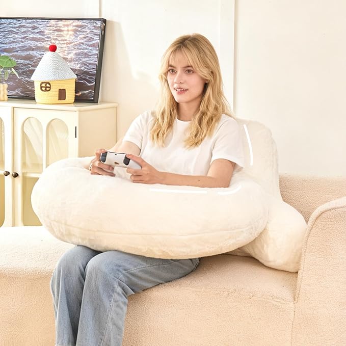 PAJEO Reading Pillow for Bed,U Shaped & Back Support Pillow for Bed,17" Backrest with Lumbar & Arm Support,Luxurious Faux Rabbit Fur,Gaming PillowFor Crochet/Reading/Watching TV,White