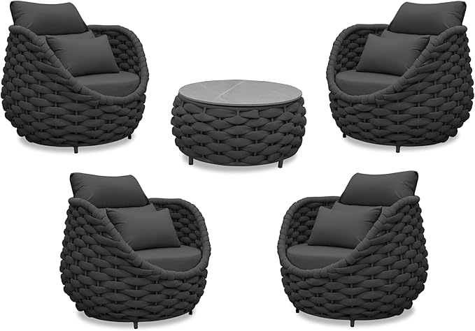 Erotr Aluminum Front Porch Furniture Set: 5 Pieces Woven Rope Patio Conversation Set - All Weather Cushioned Outdoor Sofa Set Assembled - Metal Modern Couch Set 400lb Deck Garden Pool Hotel, Dark Gray