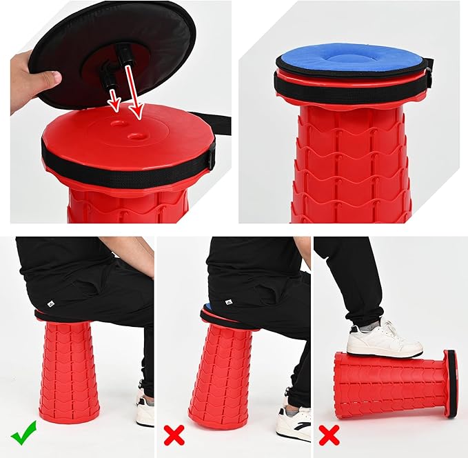 FXKS 2 Pack Upgraded Collapsible Stool Folding Stool with Cushion,Retractable Folding Stool Max Load Capacity 400lbs, Portable Telescoping Stools for Camping Hiking Outdoor BBQ -Red