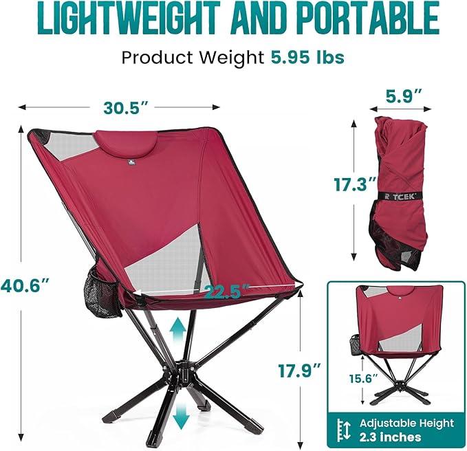 TCEK Portable High Back Camping Chair with Adjustable Height, Small Compact Outdoor Folding Chair for Adults Travel, Riselite Collapsible Lightweight Packable Camp Chairs, Easy Carry and Quick Setup