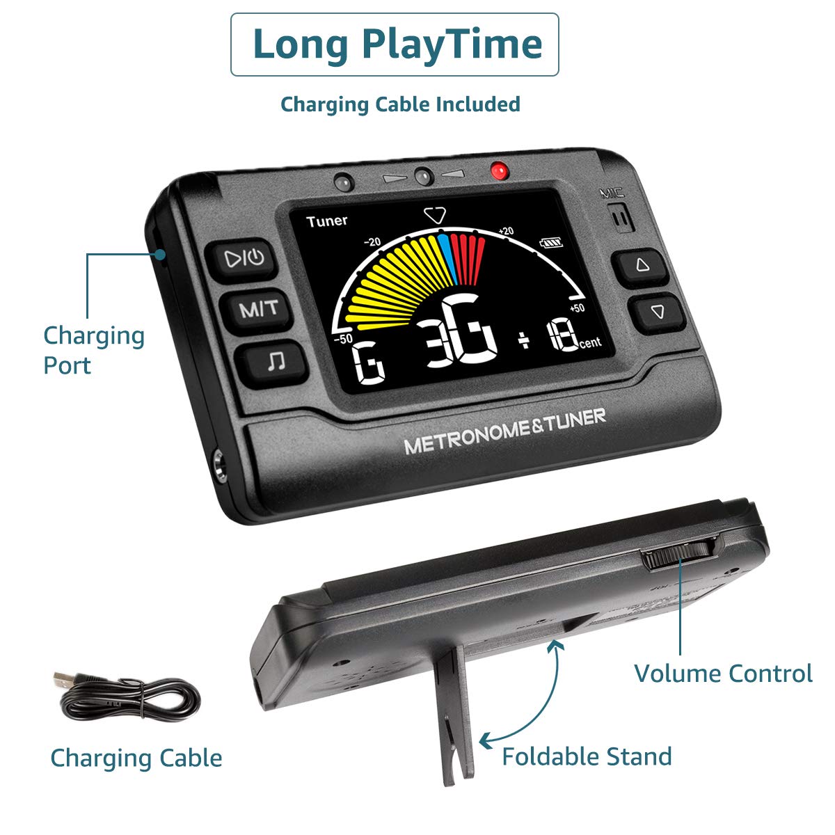 Wegrower Metronome Tuner, Rechargeable 3 In 1 Digital Metronome Tuner Tone Generator For Guitar, Bass, Violin, Ukulele And Chrom