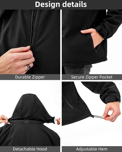 Svanur Heated Jackets for Men with 7.4V Battery Pack Included,Men’s Heated Jacket,Soft Shell Electric Heating Coat,Detachable Hood,3 Heating Levels for Winter outdoor (Large, Black)