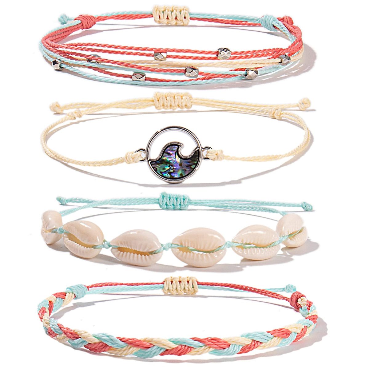 FANCY SHINY Wave String Bracelets Braid Puka Shell Bead Bracelets Handmade Cute Trendy Boho Abalone Jewelry Gifts for Women(Roug