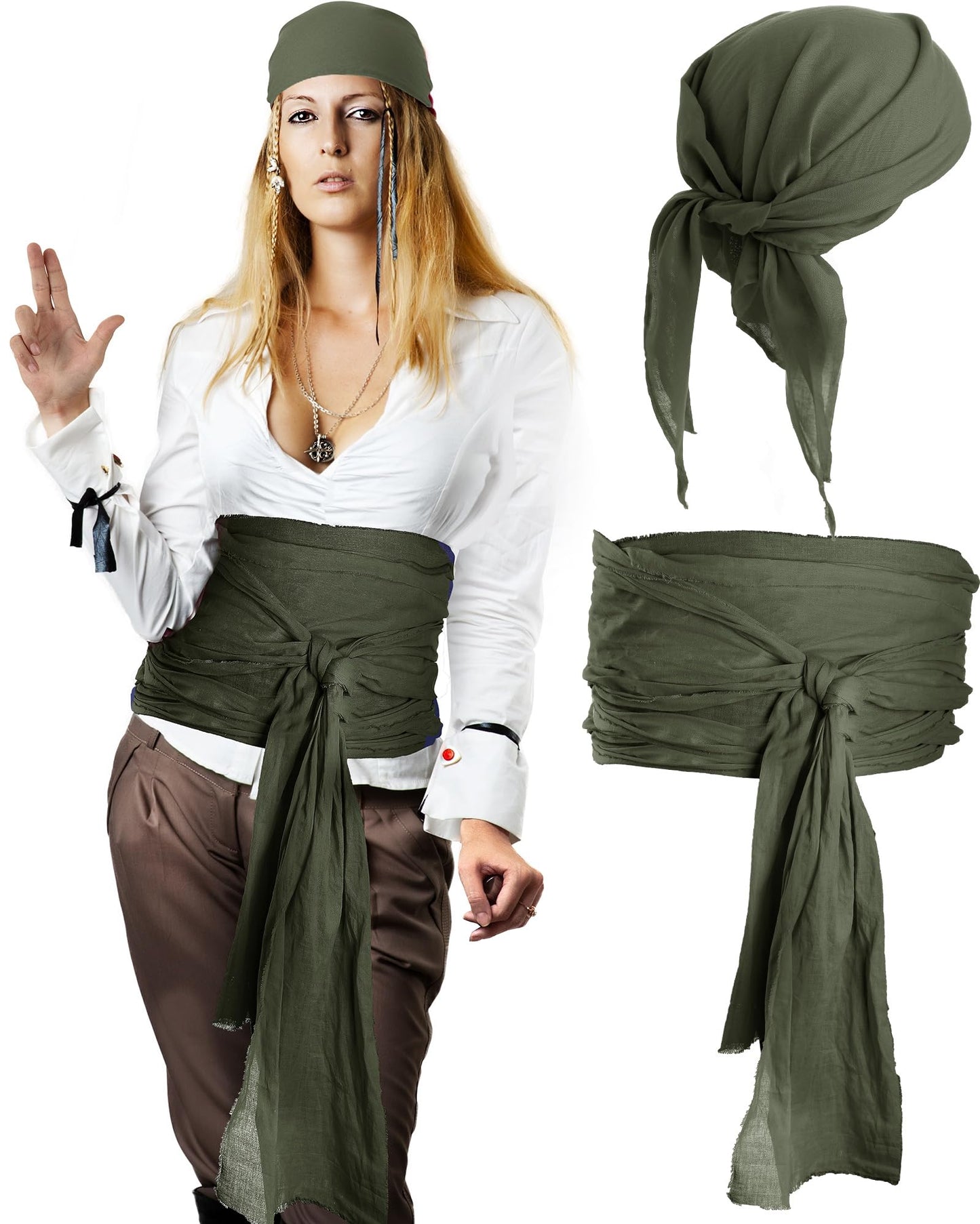 SATINIOR Halloween Pirate Costume Accessories Medieval Costume Bandana Headscarf,Sash Belt for Women and Men (Army Green)
