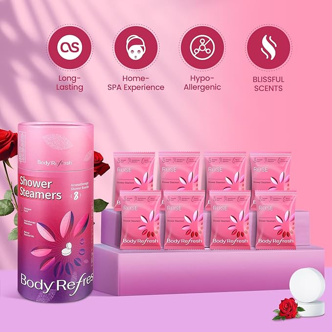 Shower Steamers Aromatherapy - Birthday Gifts for Women Mom, 8 Pack Shower Bombs with Rose Essential Oil, Relaxation Spa Gifts, White Elephant Christmas Gifts, Stocking Stuffers for Adults, Teen