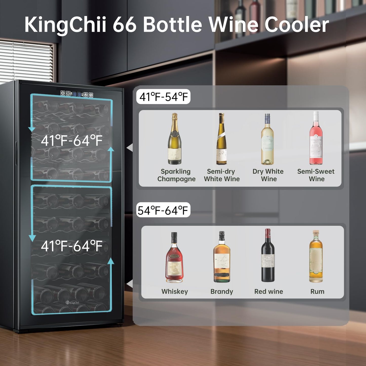 KingChii 66 Bottle Wine Cooler Refrigerator - Dual Zone Wine Fridge with Intelligent Digital Control, Low Noise Operation, Freestanding Wine Refrigerator for Home and Kitchen
