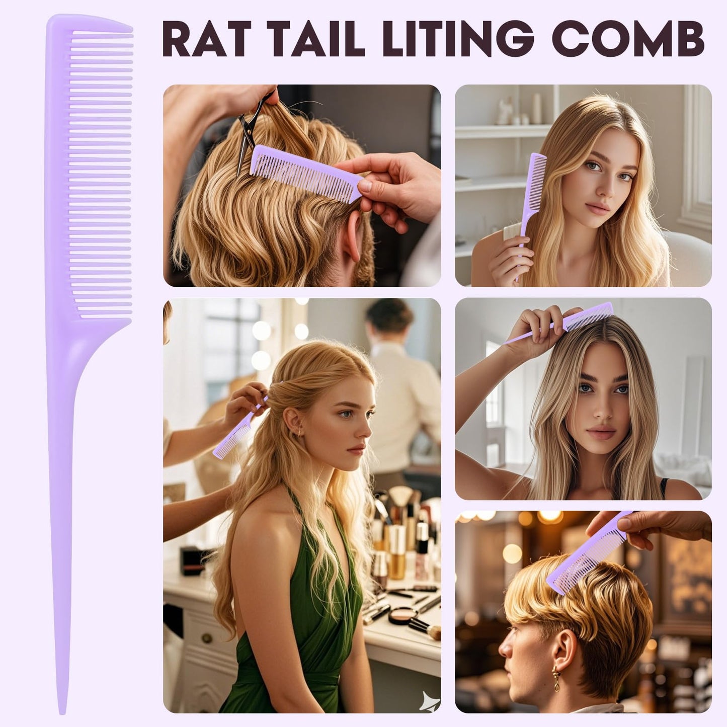 Rat Tail Comb Set-3Pcs Rat Tail Hair Teasing Fine Tooth Combs for Women Girls, Parting &Hair Styling Tools(Purple)