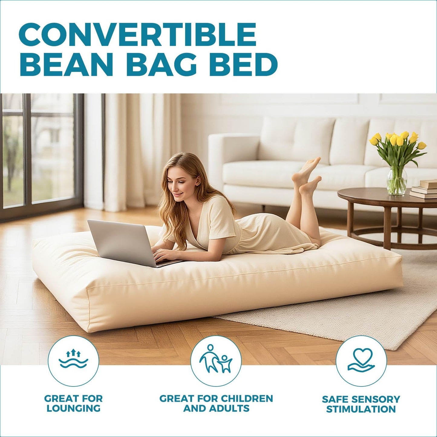 HZYPBS Extra Large Bean Bag Chair，Two in one Bean Bag Bed，It can be Easily Converted from a Chair to a Mattress, Filled with high-Density Foam, Washable Flannel Cover. for Families (Apricot Color)