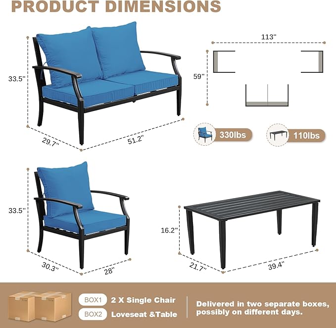 SunloungeCo 4-Piece Patio Furniture Set, Wider Outdoor Metal Seating Sofa with High Back & Loveseat, Coffee Table, All Weather Metal Conversation Set for Backyard, Poolside, Deck-Peacock