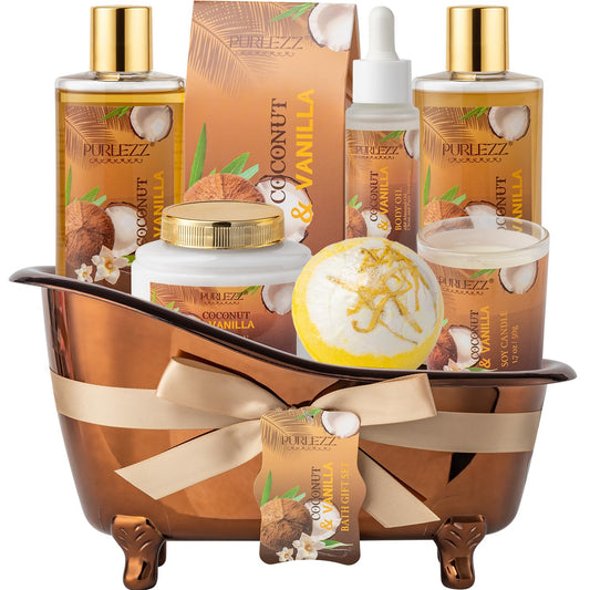 Spa Gift Basket for Women, Coconut & Vanilla Luxury Home Spa Kit, 8pcs Bath Gift Set, Birthday Gift for Women Unique with Bath Bombs, Scented Candle, Body Lotion, Spa Bath Sets for men Gift