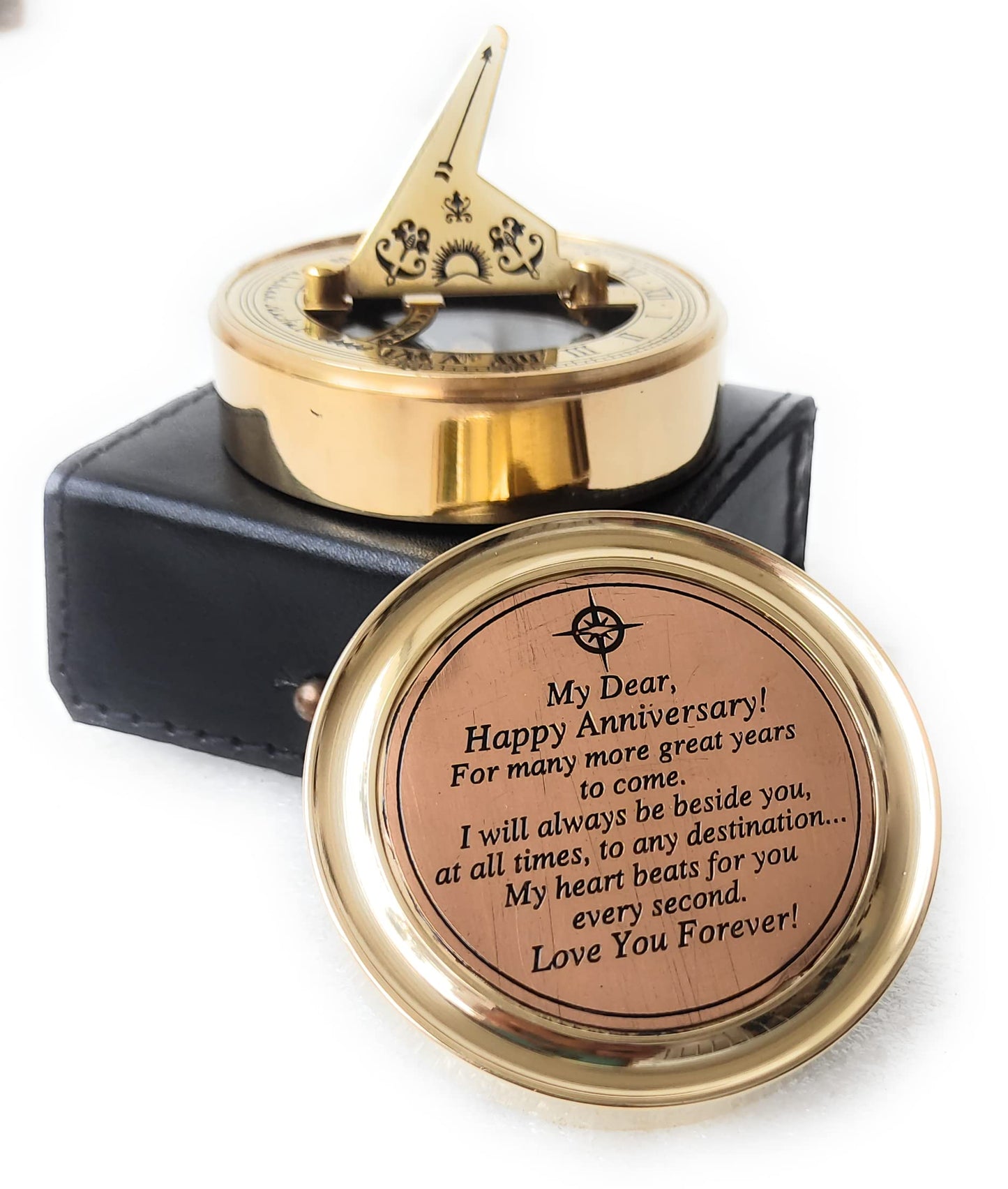 Anniversary Sundial Gift for Him or Her Sundial Clock Compass - Unique Gift for Husband or Wife, Men 1st Wedding Anniversary 50th 40th 25th 20th Year Celebration (Anniversary Sundial Leather Case)