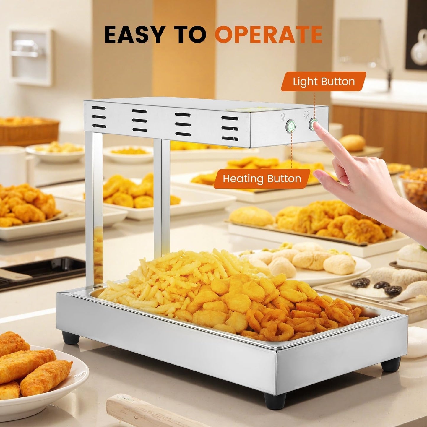 Dyna-Living French Fry Warmer, 500W French Fry Food Warmer Commercial Stainless Steel Electric Commercial Food Heat Lamp Free-Standing Countertop Warming Fried Dump Station for Food Truck Restaurant
