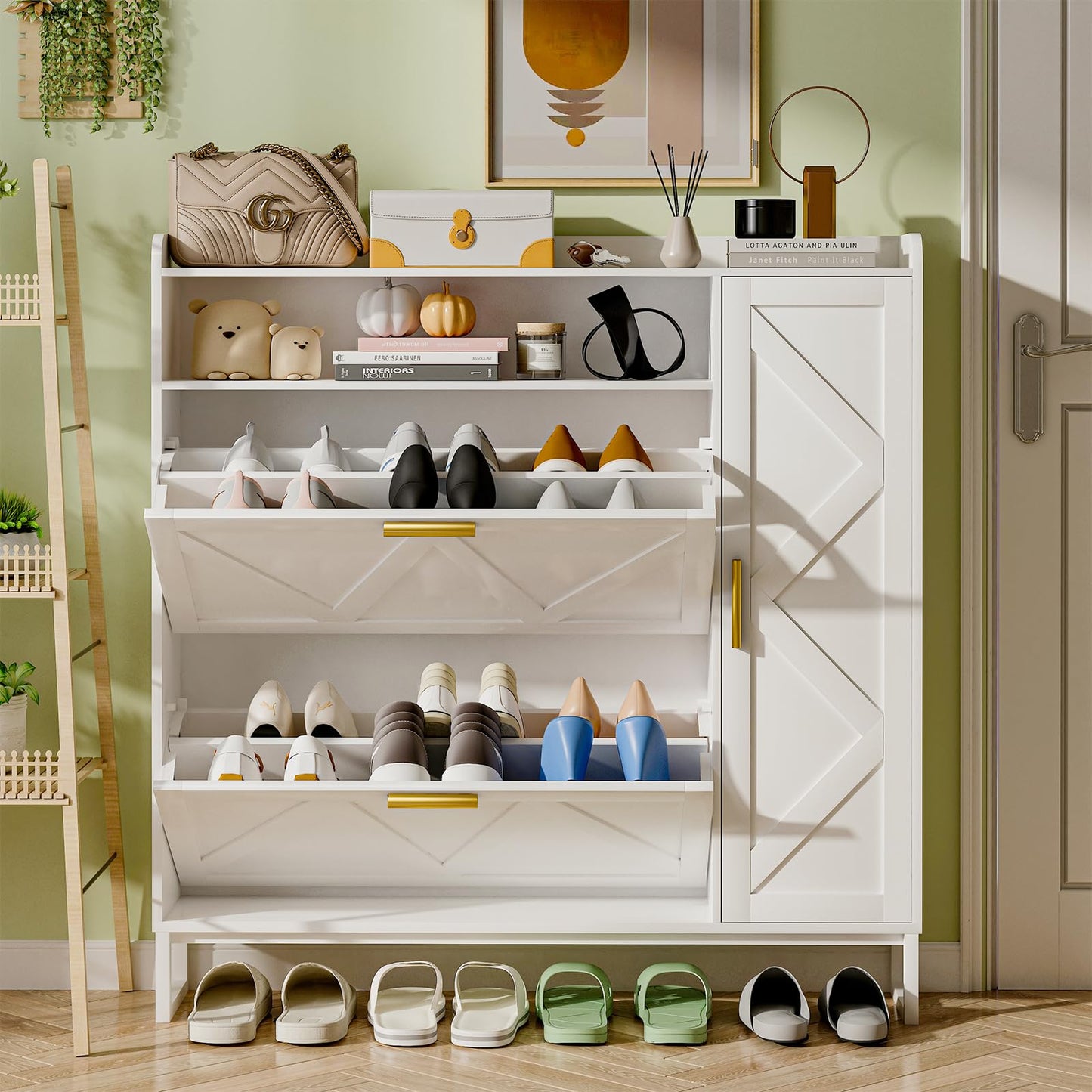 GlouMod White Shoe Cabinet with 2 Flip Drawers Door, 43"W Hidden Shoe Organizer Cabinet Storage for Entryway, Closet, Boot, Adjustable Shelves, Narrow Shoe Rack Freestanding Cupboard, At Least 20 Pair