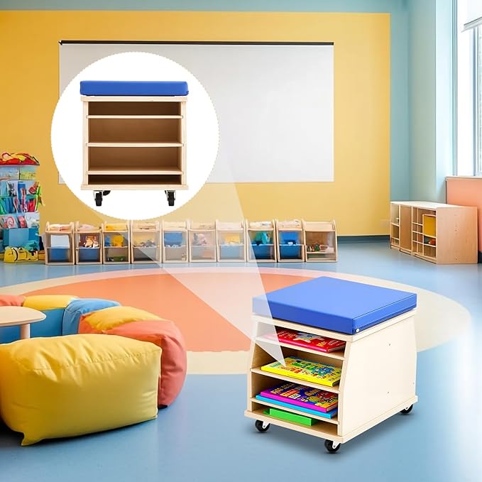 Geelin Mobile Teacher Stool with Storage Tools Natural Birch Wood Teacher Chair with Comfortable Foam Seat and 4 Locking Casters for School Supplies Books Daycare Preschool Classroom