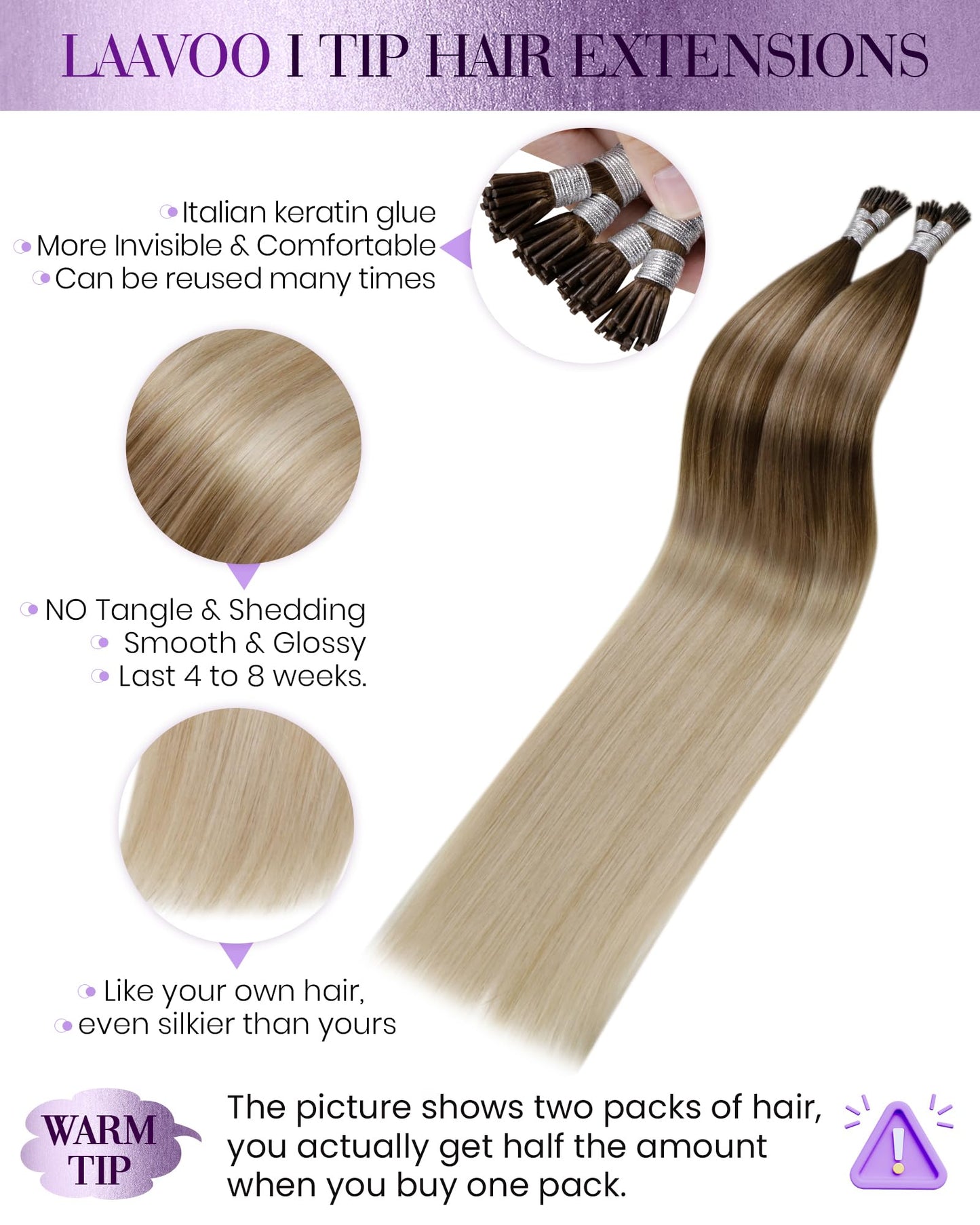 LaaVoo Itip Human Hair Extensions Balayage Blonde Itip Hair Extensions Real Human Hair Balayage Brown to Ash Blonde with Platinu