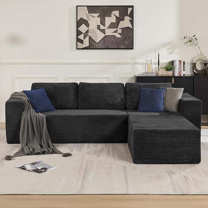Furnify 40" Modular Sectional Sofa, Upholstered Floor Sofa Couch with Pillow, Bean Bag Chair for Bedroom Living Room, No Assembly Required (Plush Corduroy Fabric, Black)