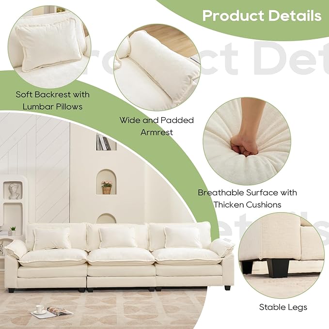 Oprisen 120" Modular Sectional Sofa, Comfy Cloud Couch Sectional Sofa, Chenille Sofa Sleeper Deep Seat Sofa with Throw Pillows for Living Room (Beige White, 120"- 3 Seater)