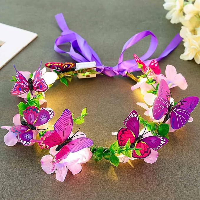 DRESBE Light Up Butterfly Flower Crown LED Floral Headband Glow Fairy Hair Accessories for Women (Purple)