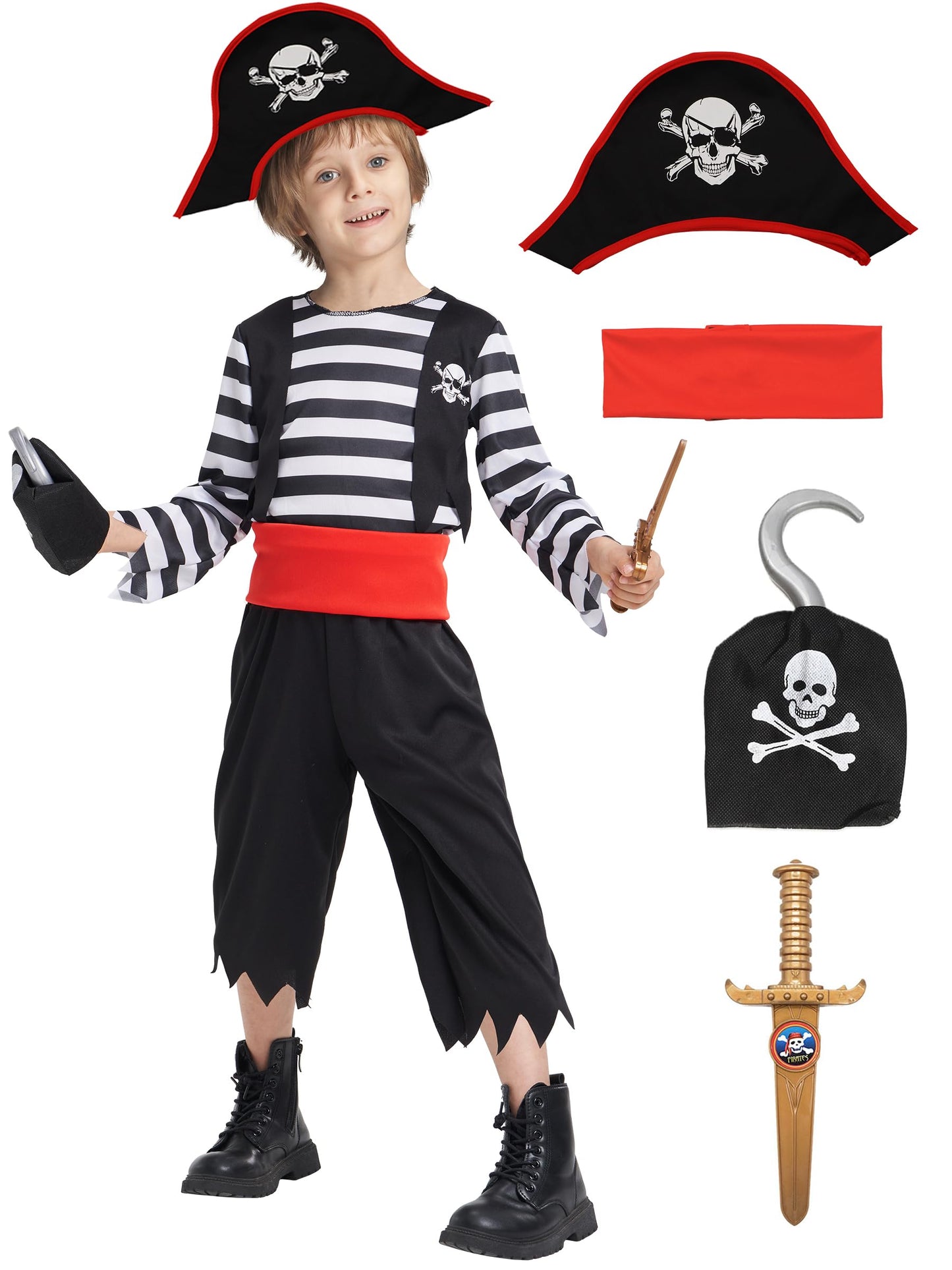 IKALI Pirate Costume for Kids Boys,Toddler Pirate Role Play Dress Up with Bandana, Cutlass, Hat 8-10 Years