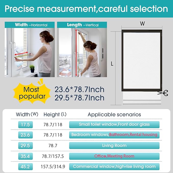 Coavas Window Privacy Film Frosted Glass Static Clings, Decorative Bathroom Door Privacy Film Day and Night, Heat UV Blocking Anti-Glare Frosting Stickers Renter Non-Adhesive, 29.5 x 118.1 Inch, White