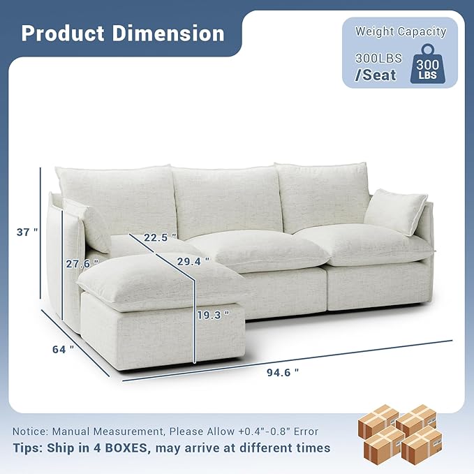 Lopzeho 94.6" Cloud Modular Sectional Sofa, Waterproof Down Filled Sectional Sofas, High Backrest L Shaped 3 Seater Sectional Couches with Ottoman, Modular Couch with Removable Cover, Cream White