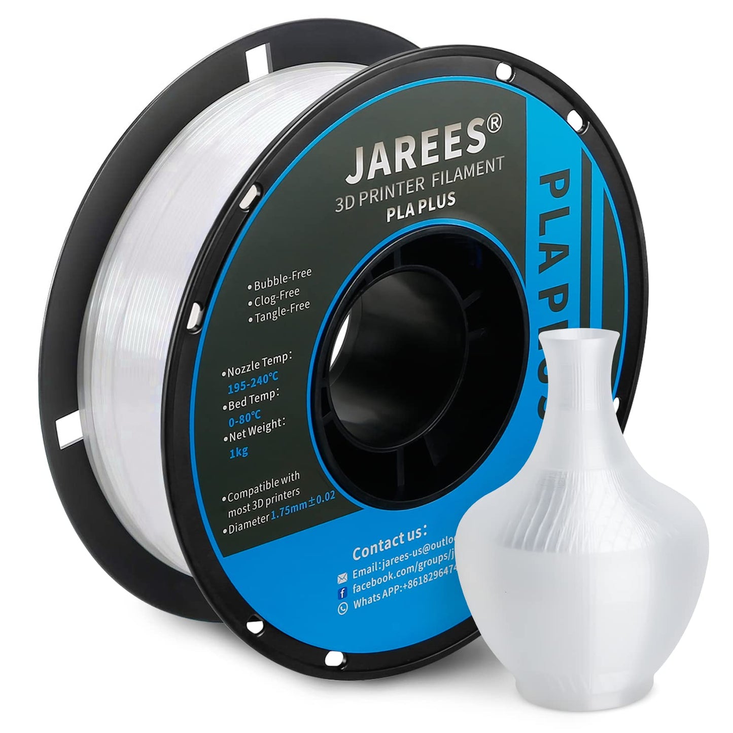 JAREES Clear PLA Plus(PLA+) 3D Printer Filament,Transparent PLA Pro Printing Filament 1.75mm 1kg Spool (2.2lbs), Dimensional Acc