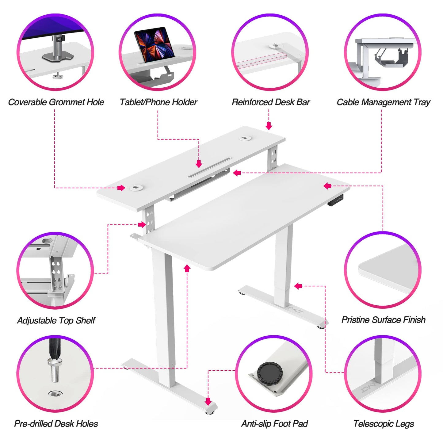 AVLT 47″ Electric Standing Desk with Dual-Tier Shelf & Tablet Holder – Height Adjustable Sit-Stand Desk for Home Office, Motorized Frame Supports 176 lbs (80kg), Includes Tabletops – White