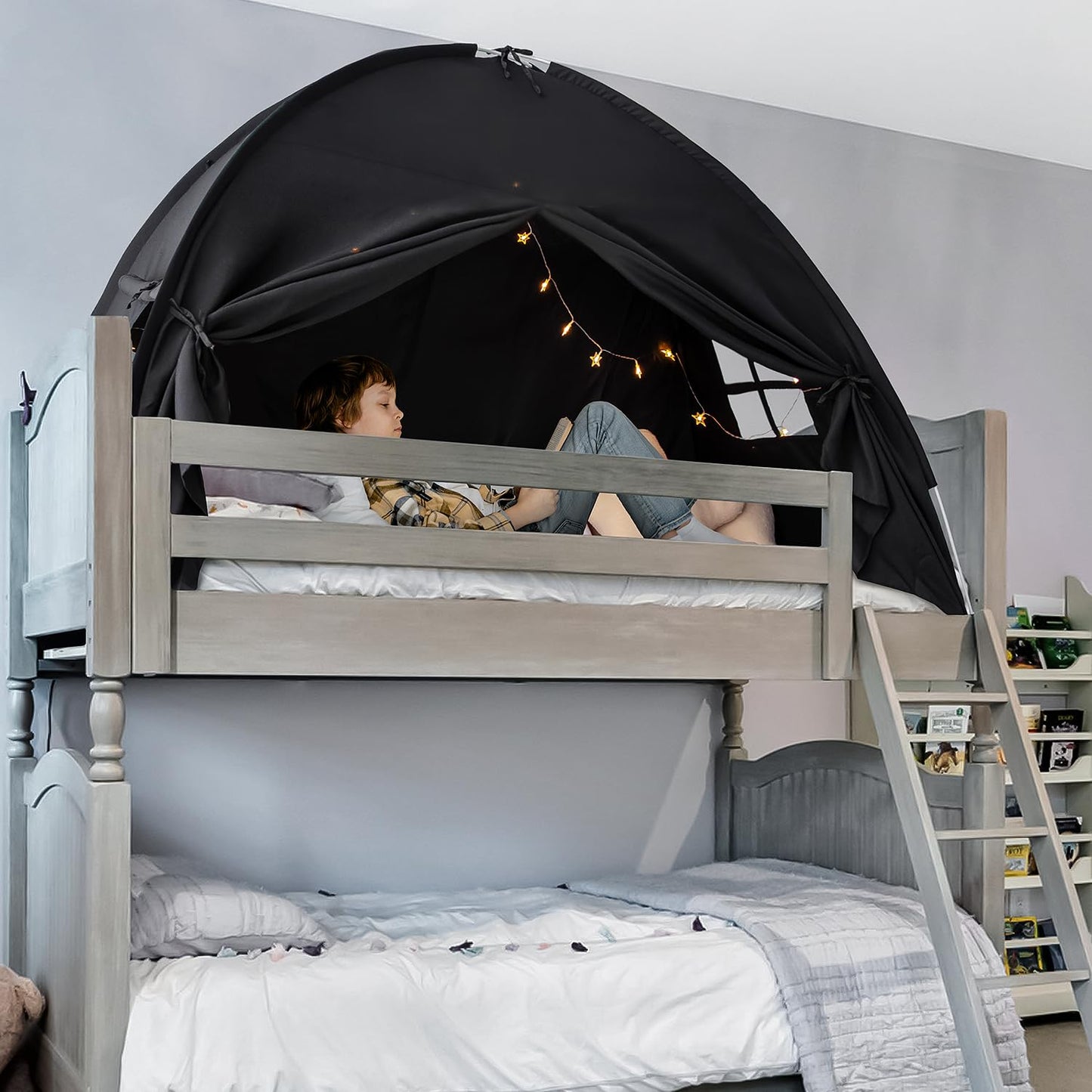 Twin Size Bed Canopy Toddler, Kids Bed Tents Indoor Dream Tent on Bunk Bed Privacy Space Blackout Sleeping Tents Portable Drafty Floor Playhouse for Boys Girl Birthday, Christmas House Gift, Black