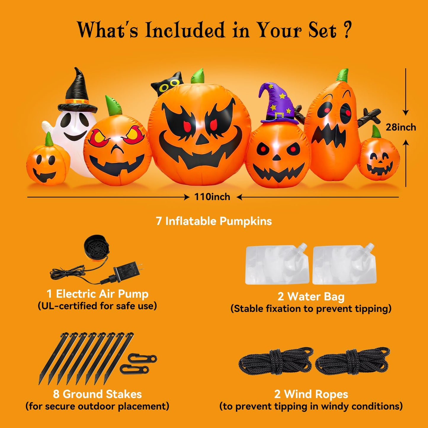 HUECLOR 9 FT Halloween Inflatables Pumpkin Outdoor Decorations with Cute Chost Cat and Witch Hat Built-in LEDs Blow Up Pumpkin for Party Yard Lawn Garden Outside Decor