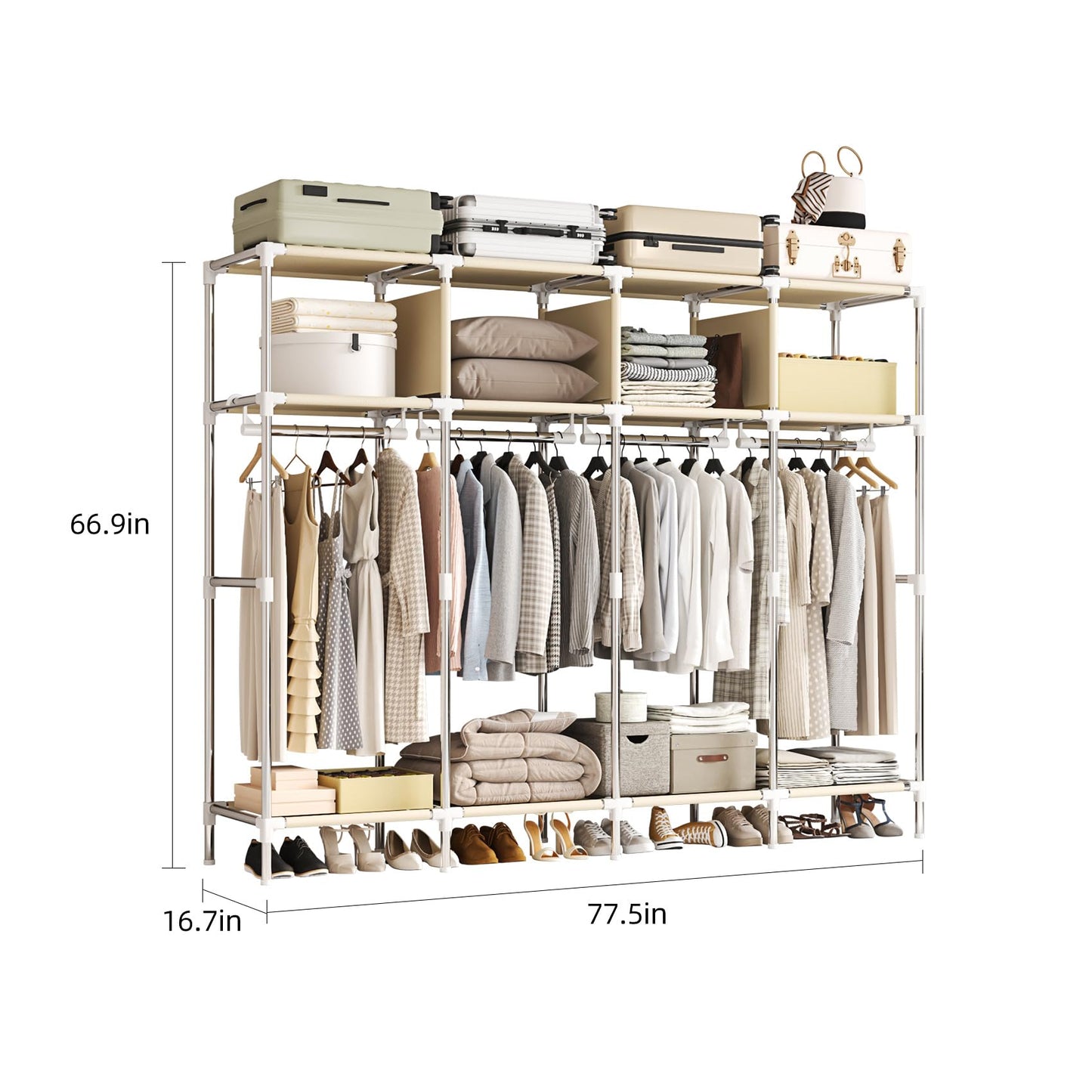 LEAIJIAFY Large Portable Armoire Wardrobe Closet with 4 Hanging Rods and Lockers,Metal Storage Wardrobe Clothes Rack with Dust Cover for Clothes,16.7 in Wide,Bedroom,Brown
