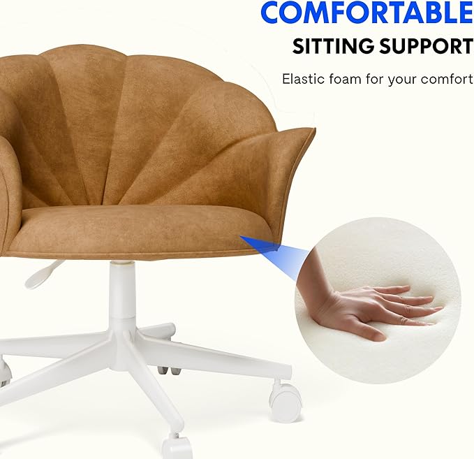 FLEXISPOT Makeup Vanity Chair with Back Velvet Armless Home Office Desk Chairs with Wheels, Cute Flower Modern Accent Chair for Girls Women Living Room Bedroom Vanity Study Small Space, Brwon